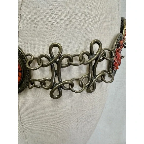 Medallion Chain Concho Belt Womens OS Red Faux Coral Antique Brass Boho Style - Picture 4 of 14